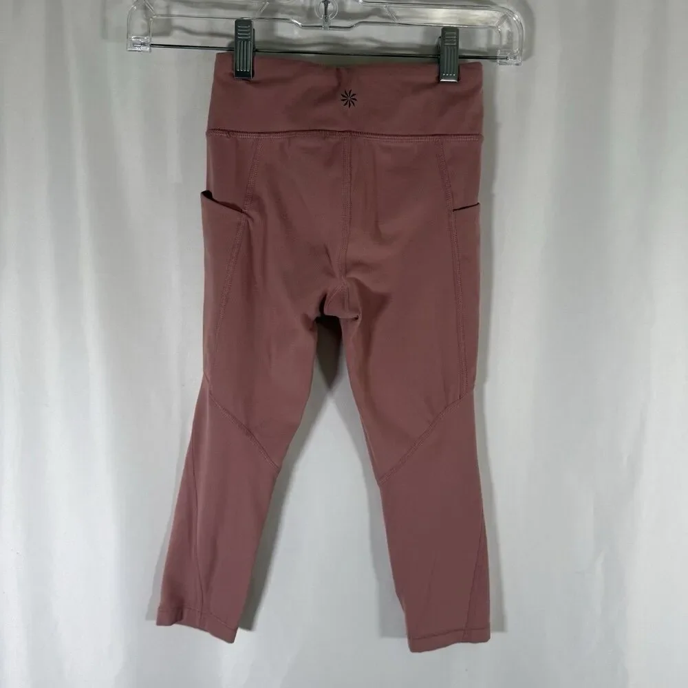 Athleta Girl Leggings Girl Small 7 Coral Pink Pull On Drawstring High Rise Capri